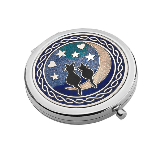 Compact Mirror Silver Plated Cat Cats Moon Handbag Magnifying Travel Cosmetic