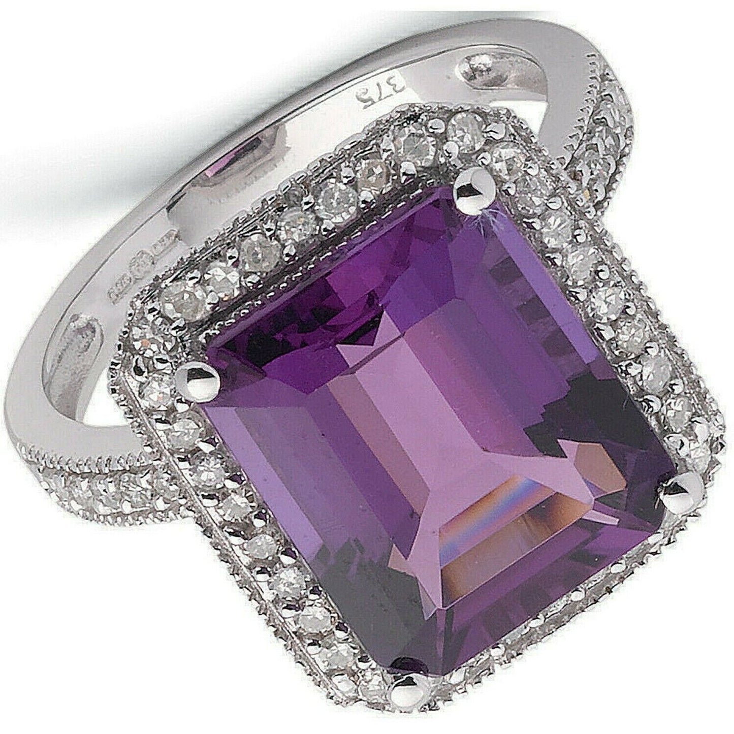 Real Amethyst and Diamond ring 9ct White Gold Cocktail Statement Size K - Q