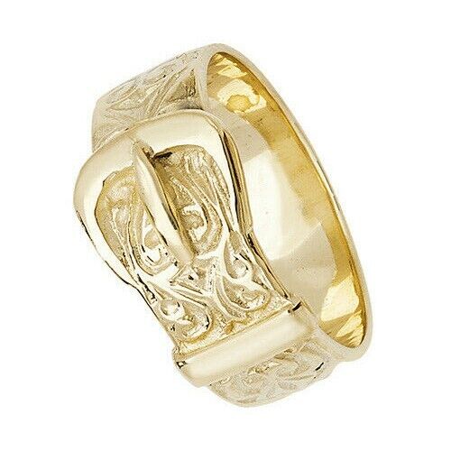 9ct yellow Gold Gents Engraved Buckle Ring Hallmarked