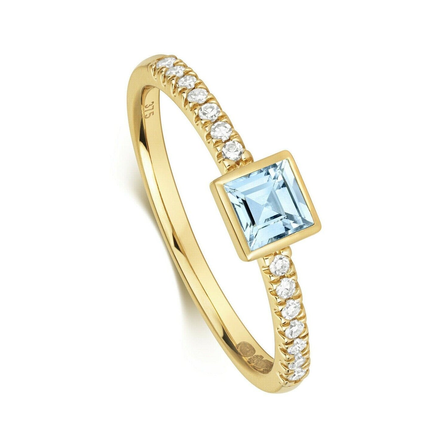 Real Aquamarine and Diamond Ring Solid Yellow Gold Square Solitaire Size J - Q