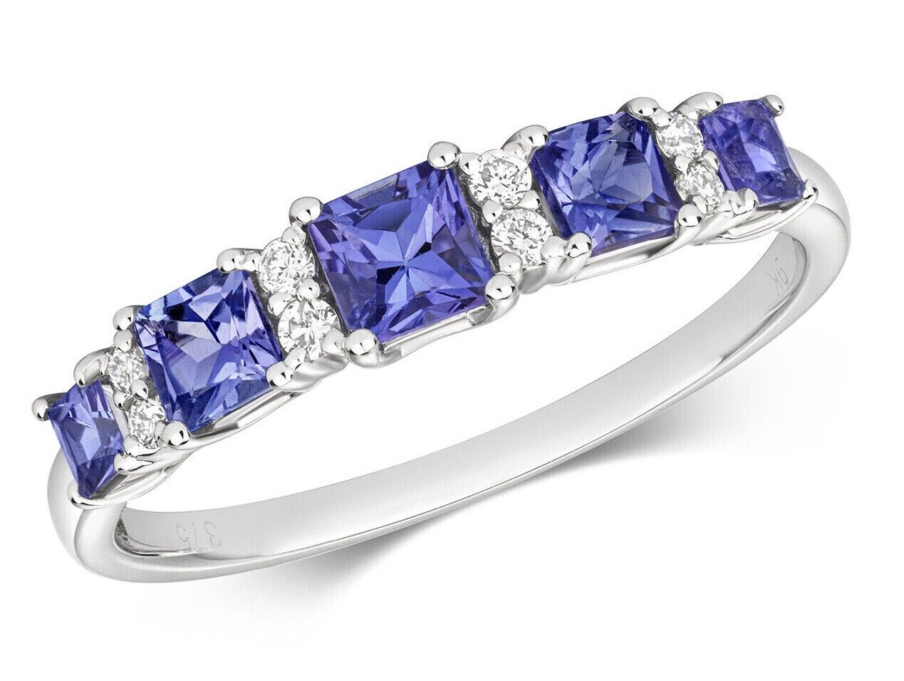 Real Tanzanite and Diamond Eternity Ring Solid White Gold Princess Cut Gems Band