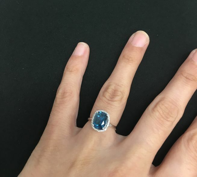 Real London Blue Topaz and Diamond Ring Solid White Gold Cushion Size JKLMNOPQ