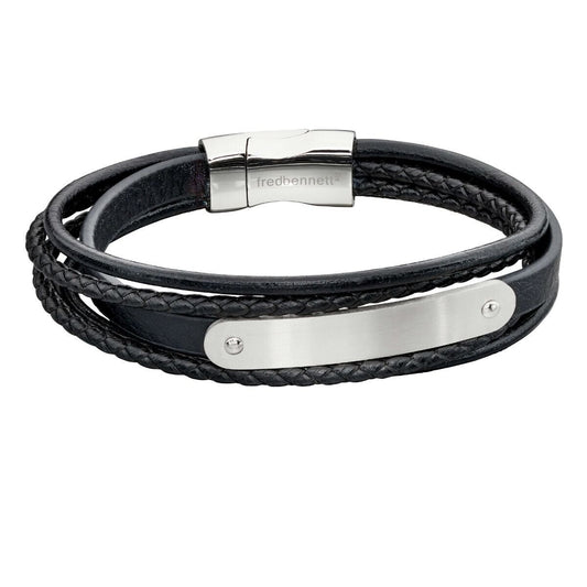 Fred Bennett Multi Strand Woven Black Leather & ID Bracelet 21cm Free Engraving