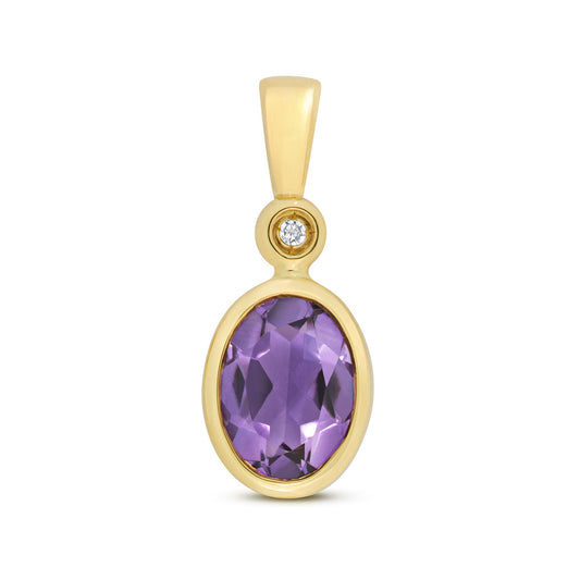 Amethyst and Diamond Oval Solitaire Pendant 9ct Yellow Gold Real Stones