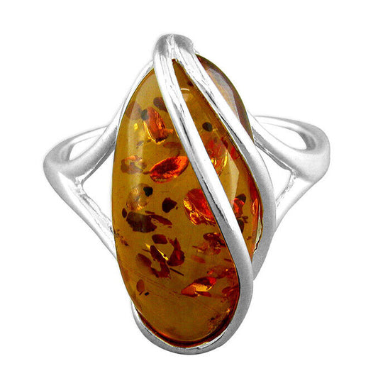 Cognac Amber Oval Statement Ring With Swirl Overlay Solid Sterling Silver 925