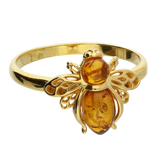 Cognac Amber Bumble Bee Ring 24k Yellow Gold on Solid Sterling Silver 925