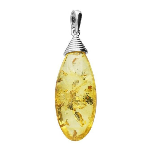 Lemon Amber Lozenge Pendant With Cone Bale and Chain Solid Sterling Silver 925