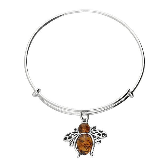 Cognac Amber Bee Charm on a Plain Expanding Bangle Solid Sterling Silver 925