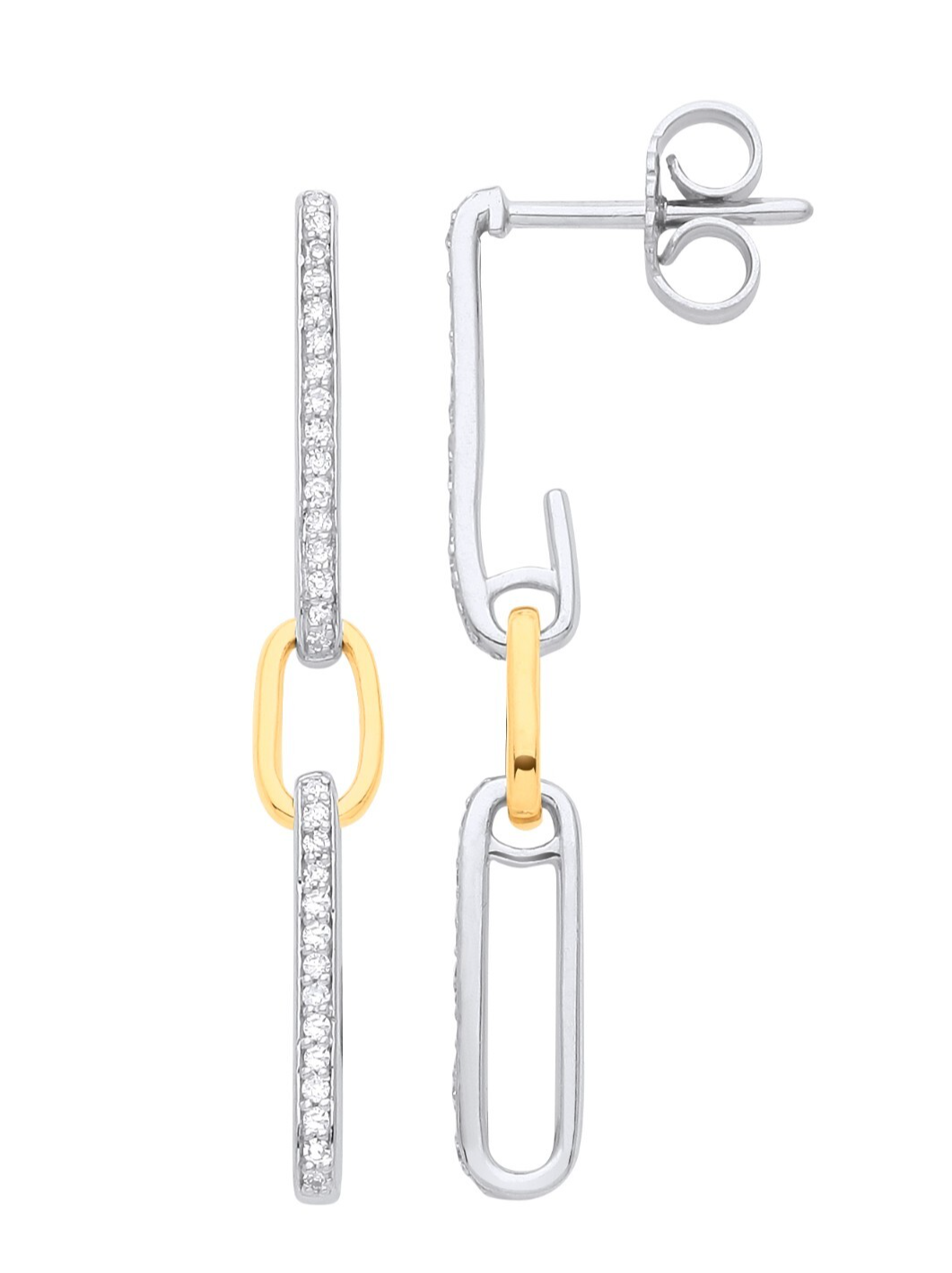 9ct White & Yellow Gold 0.18ctw Link Drop Diamond Earrings Hallmarked 33mm Long