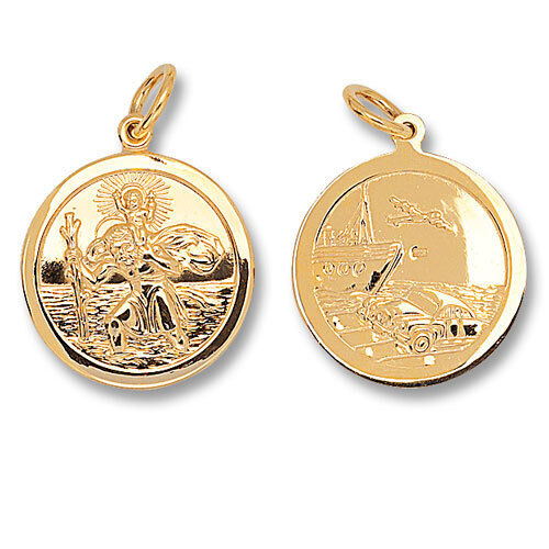 Double Sided St. Christopher Pendant Yellow Gold Train, Boat, Plane, Hallmarked