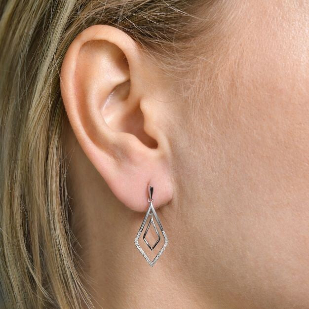 9ct White Gold Drop 0.15ct Diamond Earrings 28mm Length Hallmarked