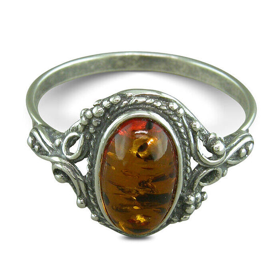 Cognac Amber Oval Statement Ring With Fancy Surround Solid Sterling Silver 925