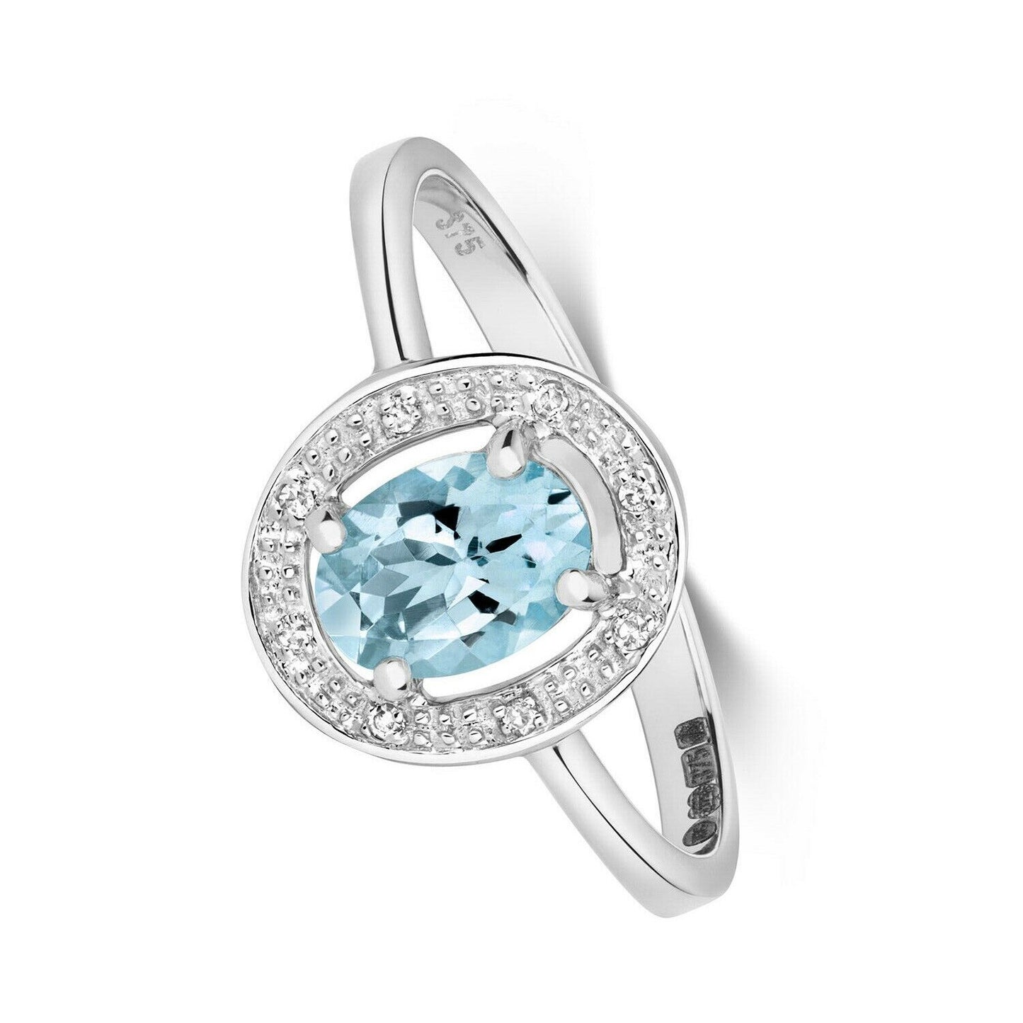 Real Aquamarine and Diamond Ring Solid White Gold Oval Halo Cluster Size J-Q