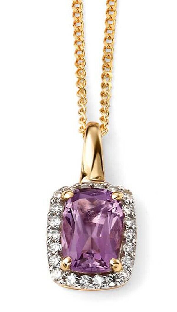 9ct Gold Amethyst and Diamond Pendant and Earrings Set 16 18 or 20" Chain