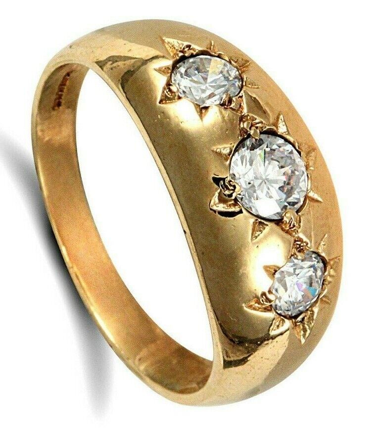 9ct Yellow Gold Gents Three Stone Ring Gypsy Setting Hallmarked