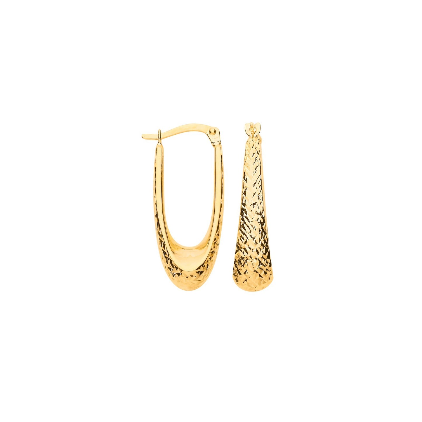 Diamond Cut Elongated Hoop Earrings 9ct Yellow Gold Hoops Hallmarked 28mm