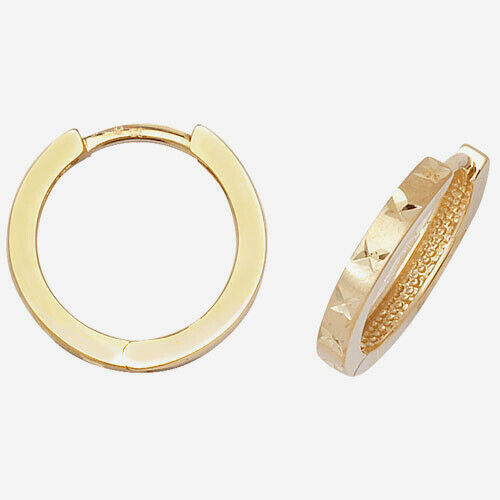 Yellow Gold Hoop Earrings Diamond Cut Huggie 17mm British made 9ct Hallmarked