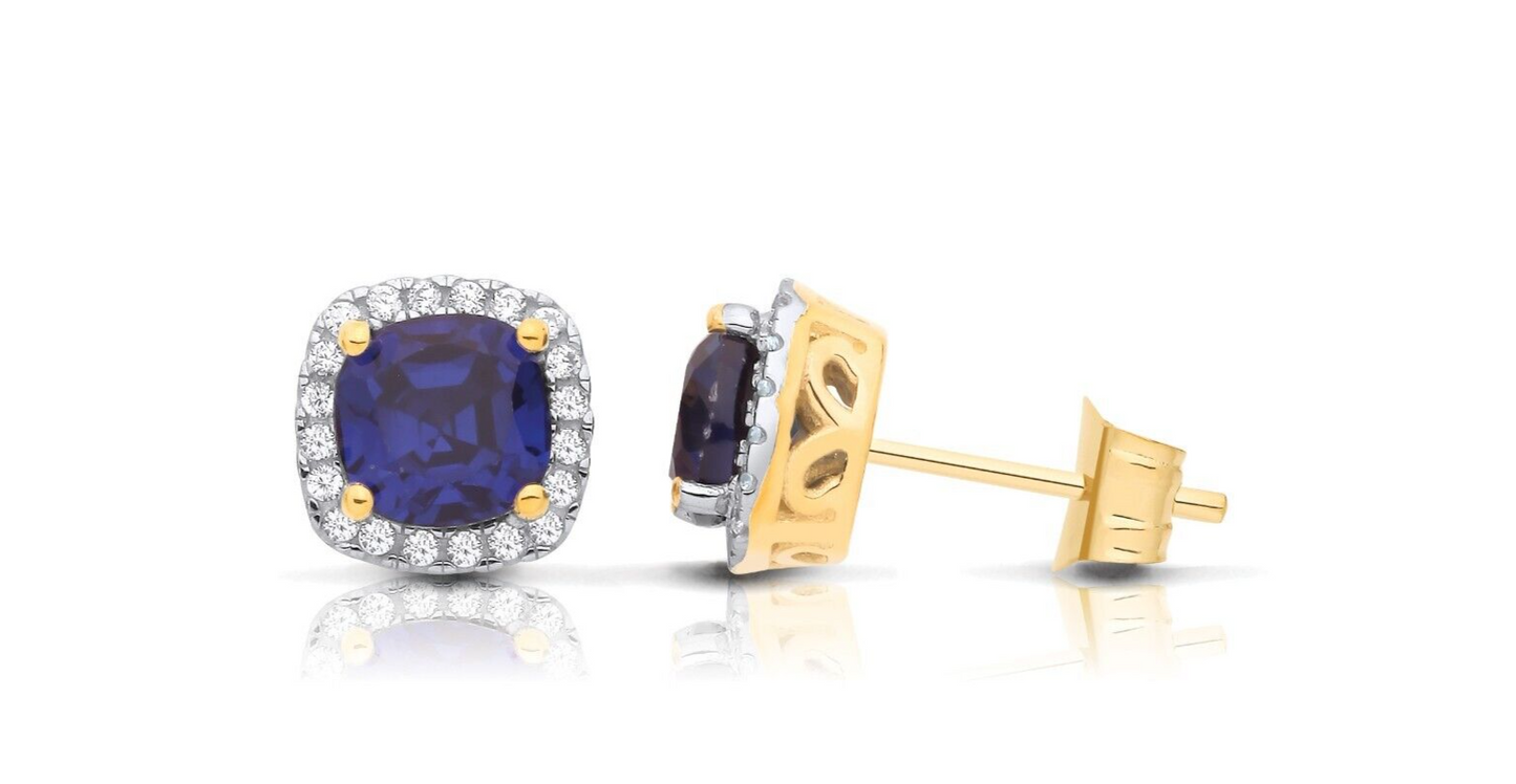 Sapphire Cushion Cluster Stud Earrings Solid 9ct Yellow Gold Hallmarked