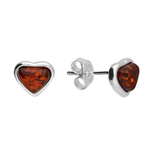 Cognac Amber Heart Stud Earrings 7mm Solid Sterling Silver 925