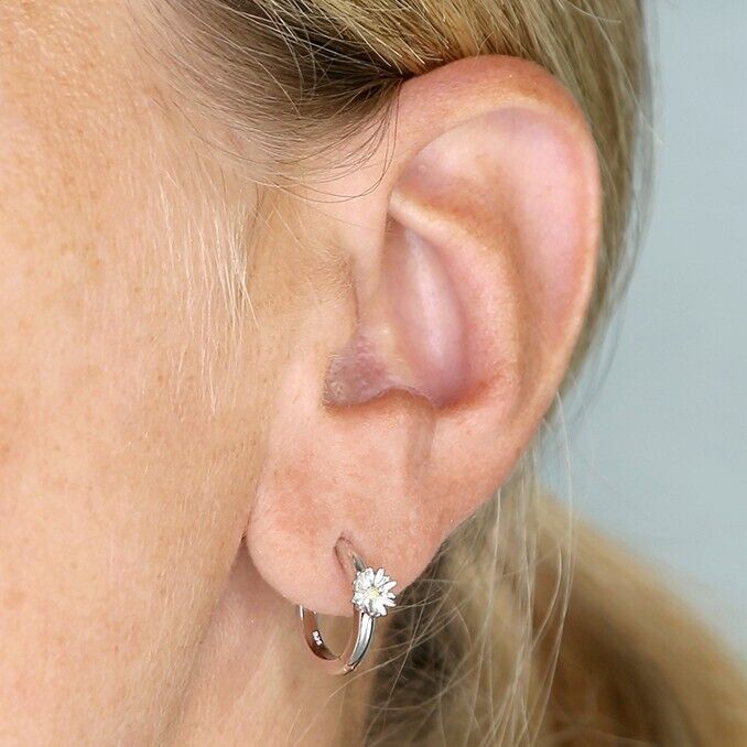 Daisy Flower Hoop Huggie Earrings 14mm Solid .925 Sterling Silver Handmade