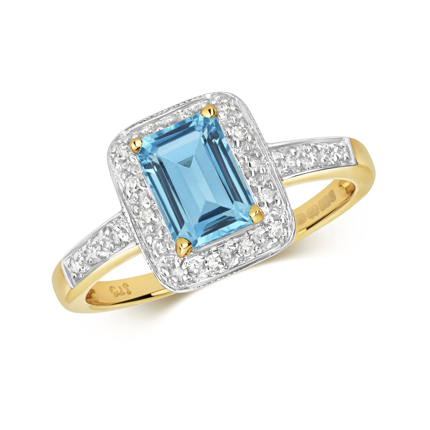 Real Blue Topaz and Diamond Ring Emerald Cut Solid Yellow Gold Engagement