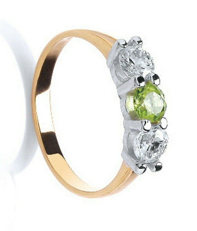 Real Peridot Trilogy Ring 9ct Yellow Gold Three Stone Engagement Full Hallmark