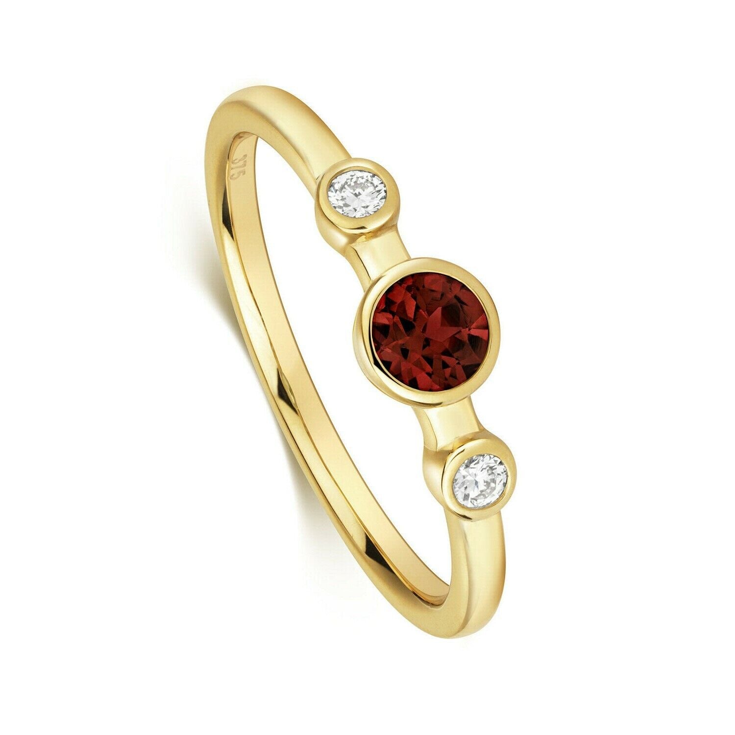 Real Garnet and Diamond Ring Solid Yellow Gold Elegant Three Stone Ring Size J-Q