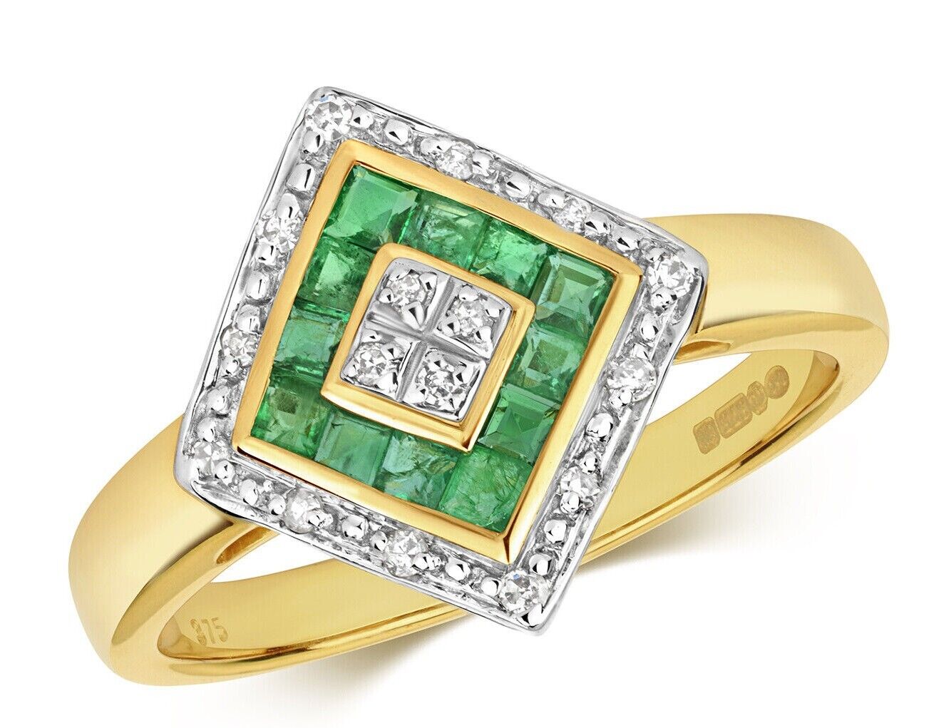 Real Emerald and Diamond Ring Solid Yellow Gold Square Cluster Size JKLMNOPQ
