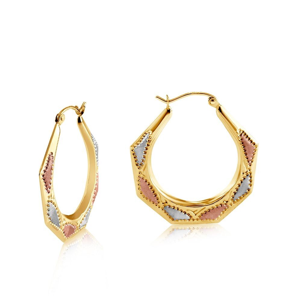 Three Colour Gold Octagonal Hoop Earrings 28mm Hallmarked Hoops