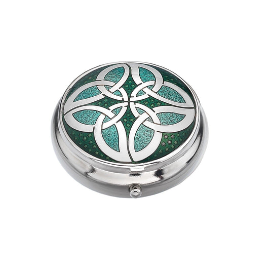 Pillbox Silver Plated Celtic Knot Circles Green Brand New and Boxed