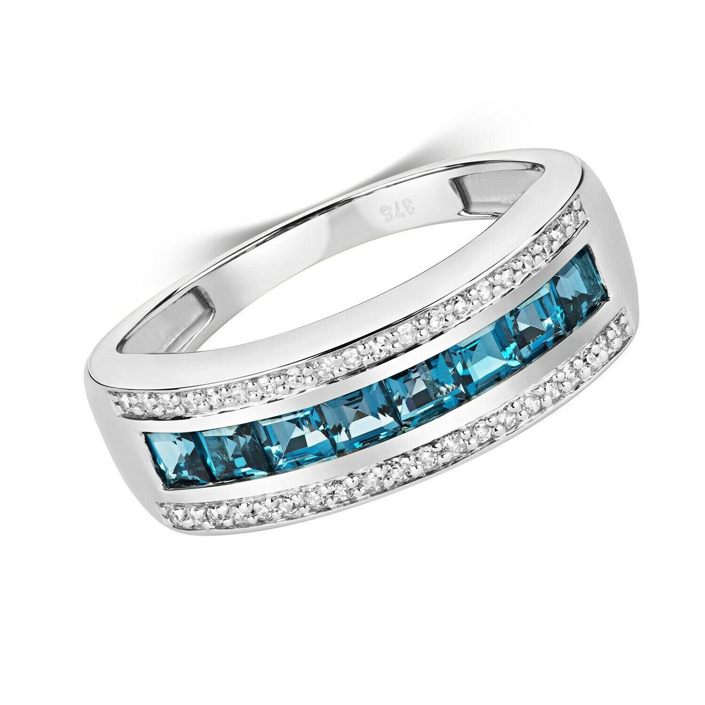 Real London Blue Topaz and Diamond Eternity Band Ring Solid White Gold