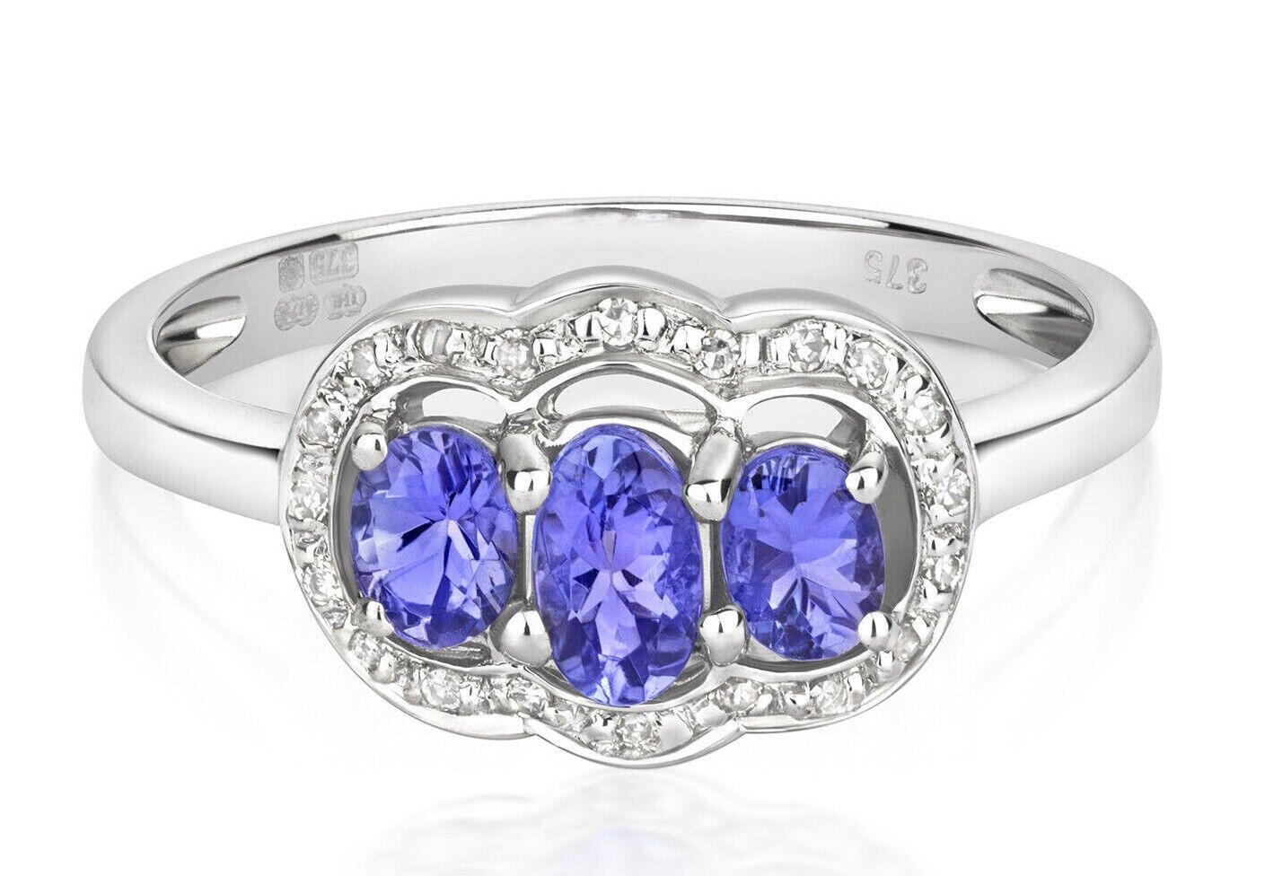 9ct White Gold Tanzanite and Diamond Ring Oval Three Stone Halo Size J - Q