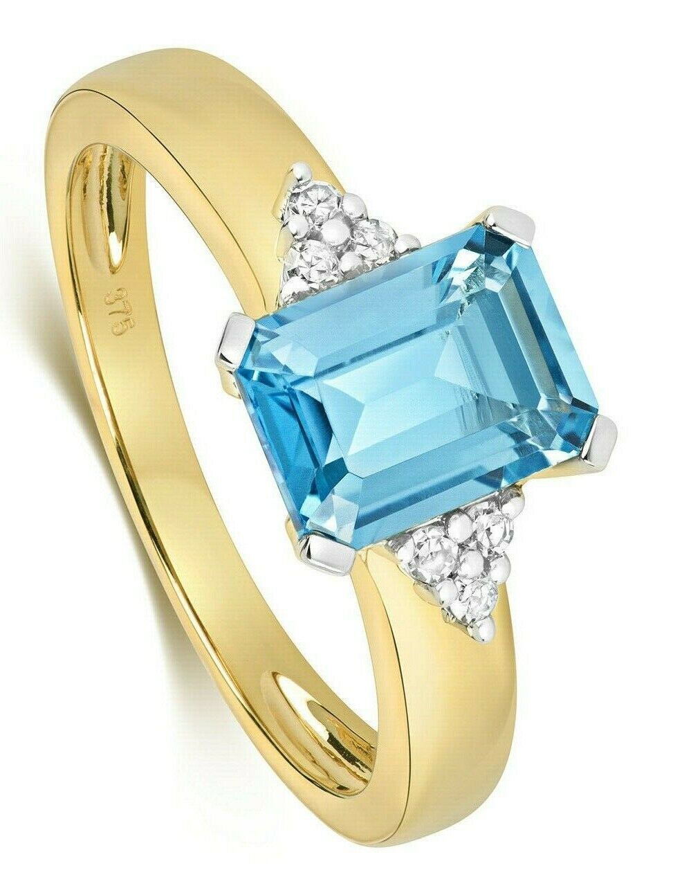 Real Blue Topaz and Diamond Ring Solid Yellow Gold Oblong Cut Solitaire Size J-Q