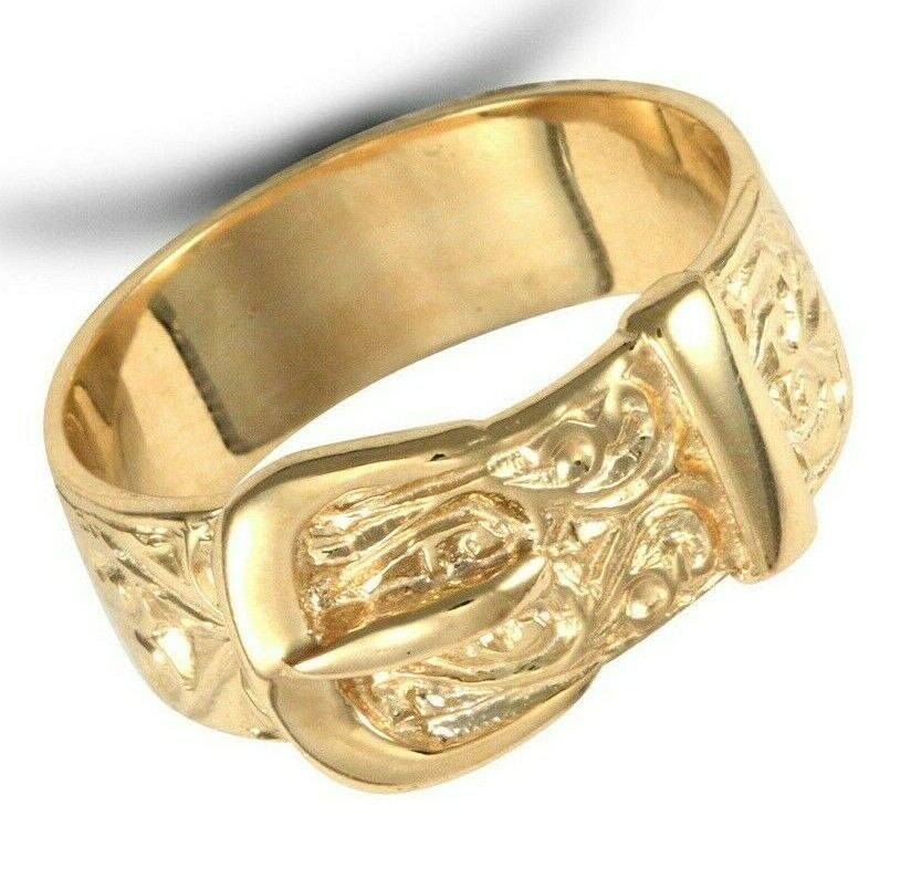 9ct Yellow Gold Gents Buckle Ring Hand Carved 10mm Band Fully Hallmarked