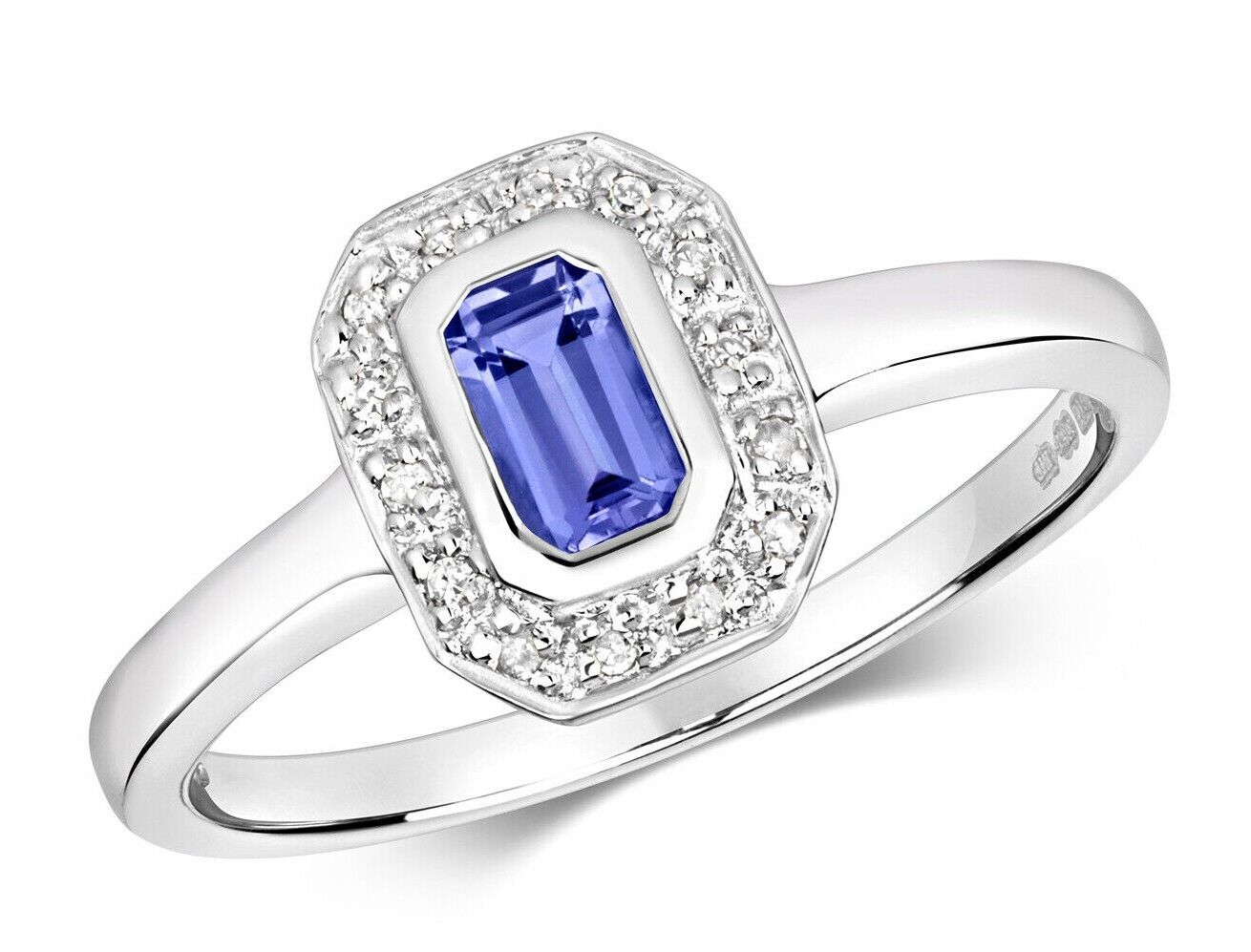 Real Tanzanite and Diamond Ring Solid White Gold Emerald Cut Cluster Size J - Q