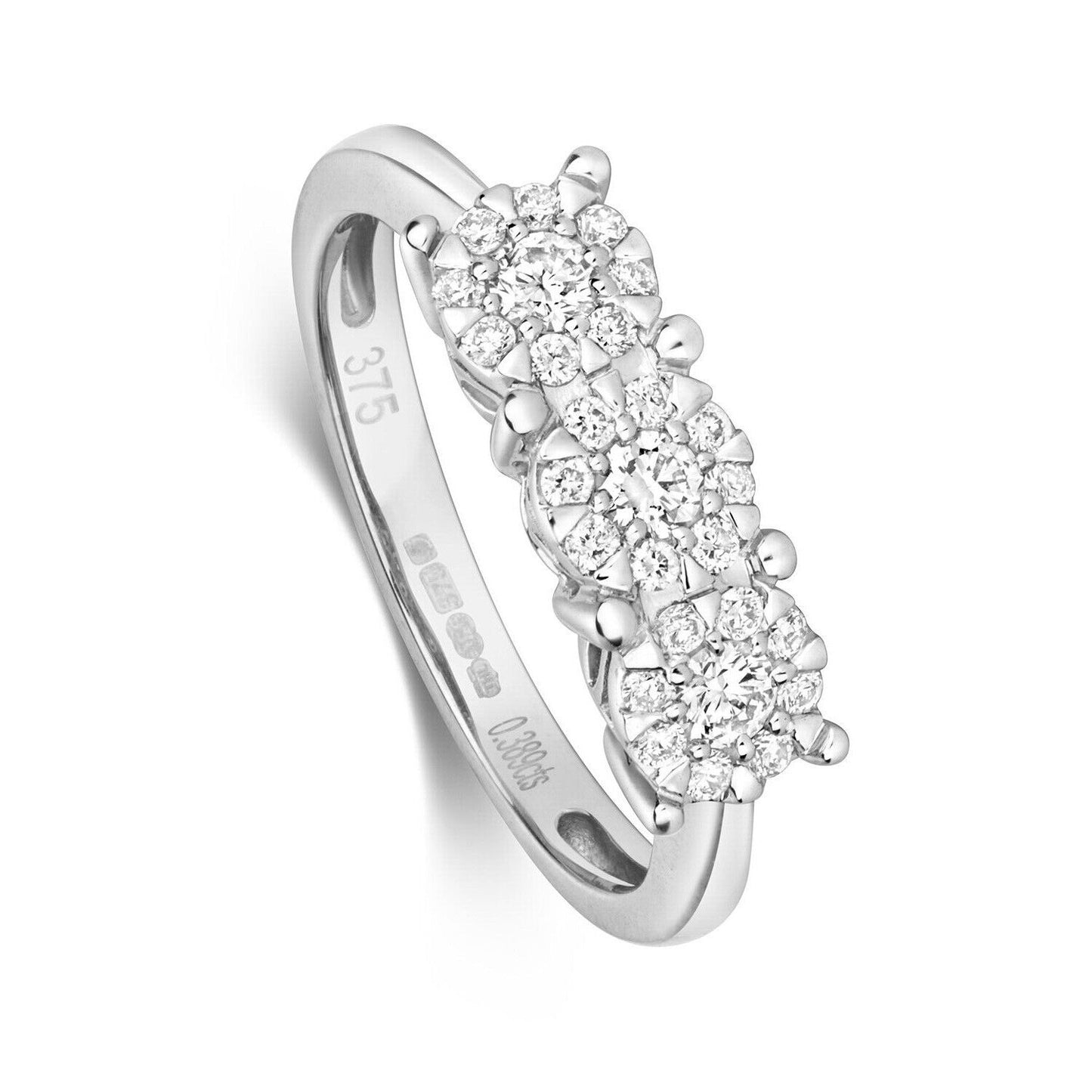 Real Diamond Trilogy Ring 9ct White Gold Three Cluster Engagement 0.39ctw