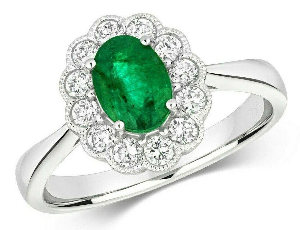 Real Emerald and Diamond Ring 18ct White Gold Oval Flower Cluster