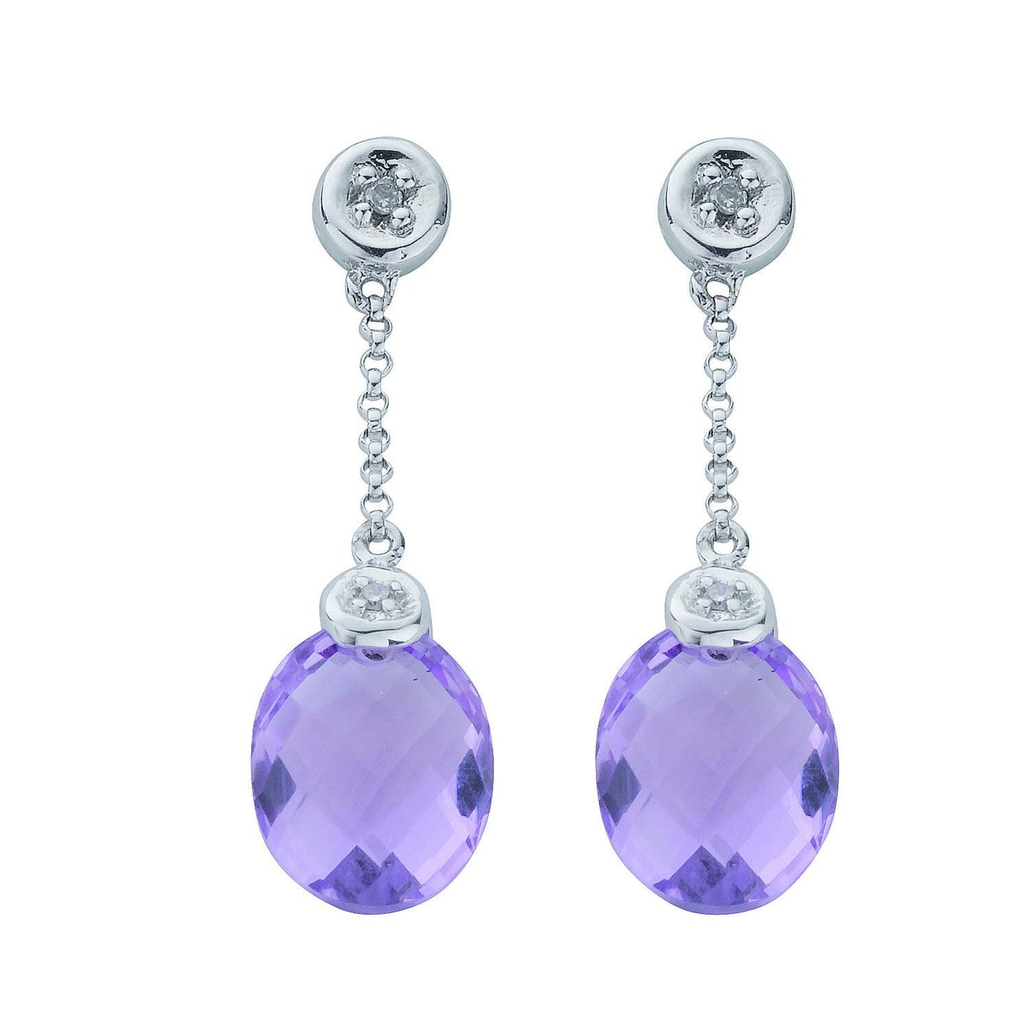 Amethyst and Diamond Drop Earrings Solid 9ct White Gold 28.6mm Length
