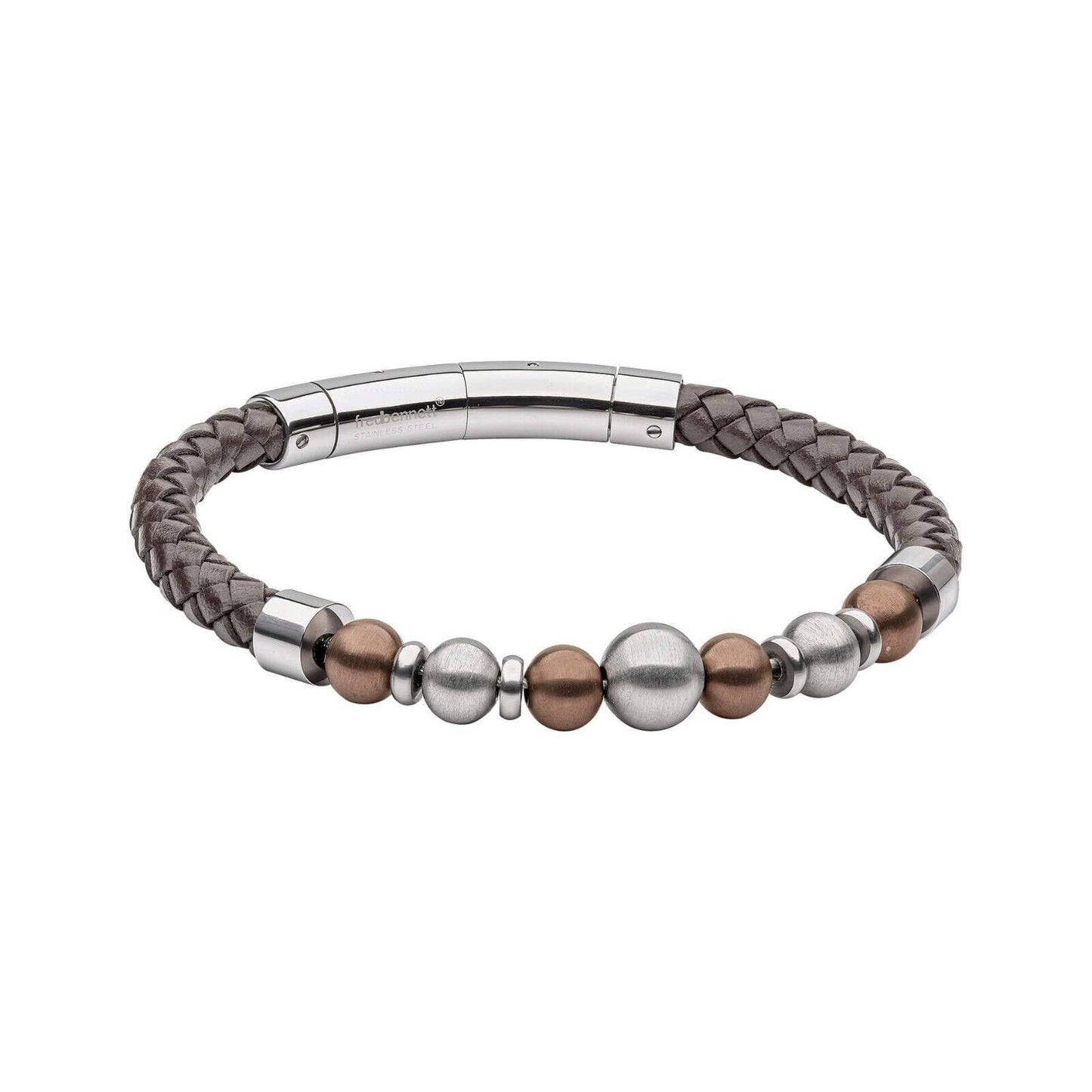 Fred Bennett Brown Leather Bracelet with Coffee Plated Stainless Steel Beads 9"