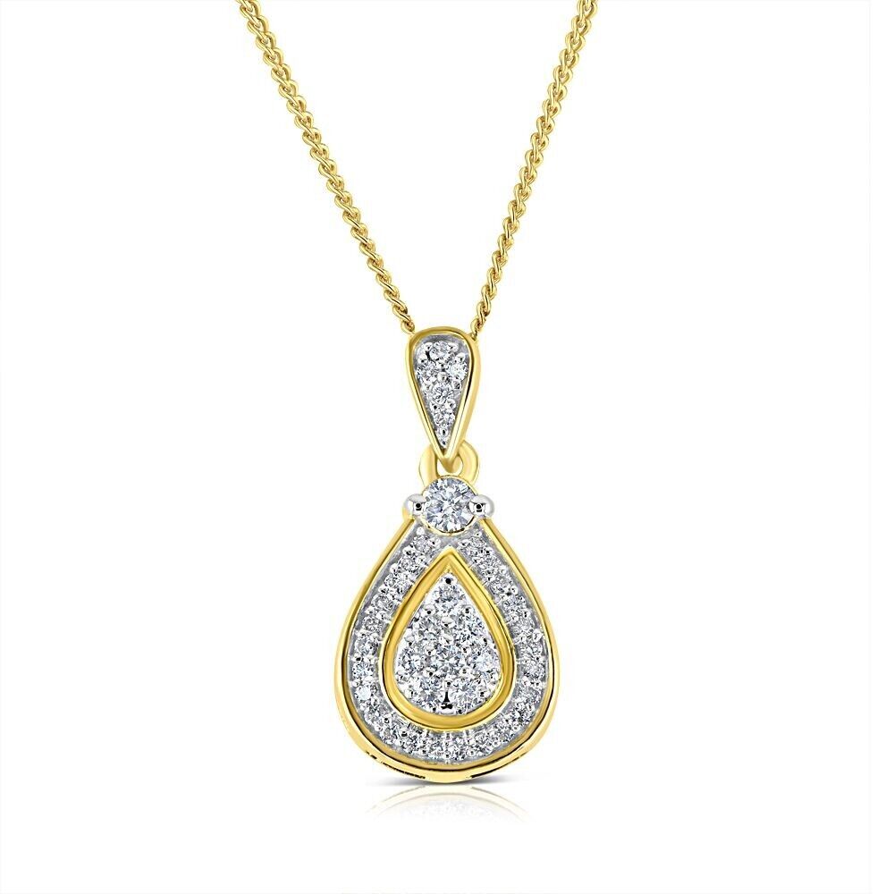 9ct Yellow Gold 0.25ct Diamond Drop Pendant and Chain Hallmarked