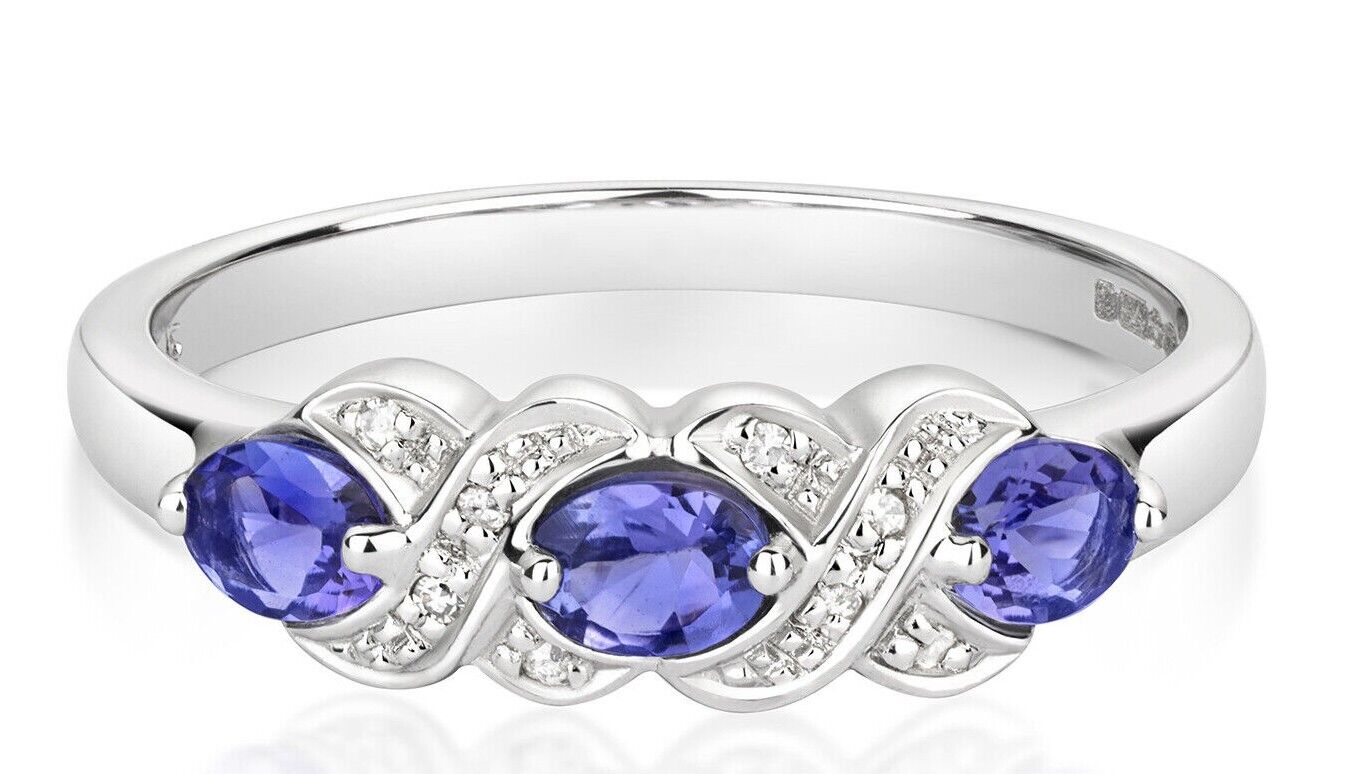 9ct White Gold Tanzanite and Diamond Ring Oval Three Stone Kiss Size J - Q