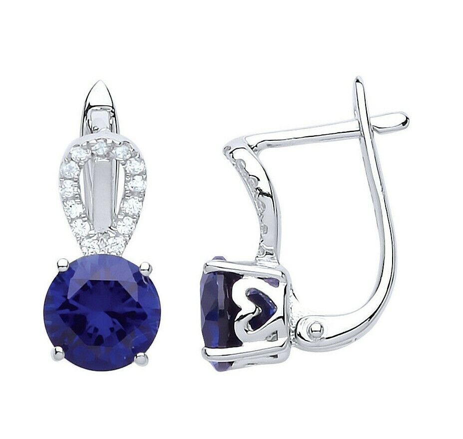 Sapphire Leverback Drop Earrings Sterling Silver Rhodium Plated 925 Hallmark