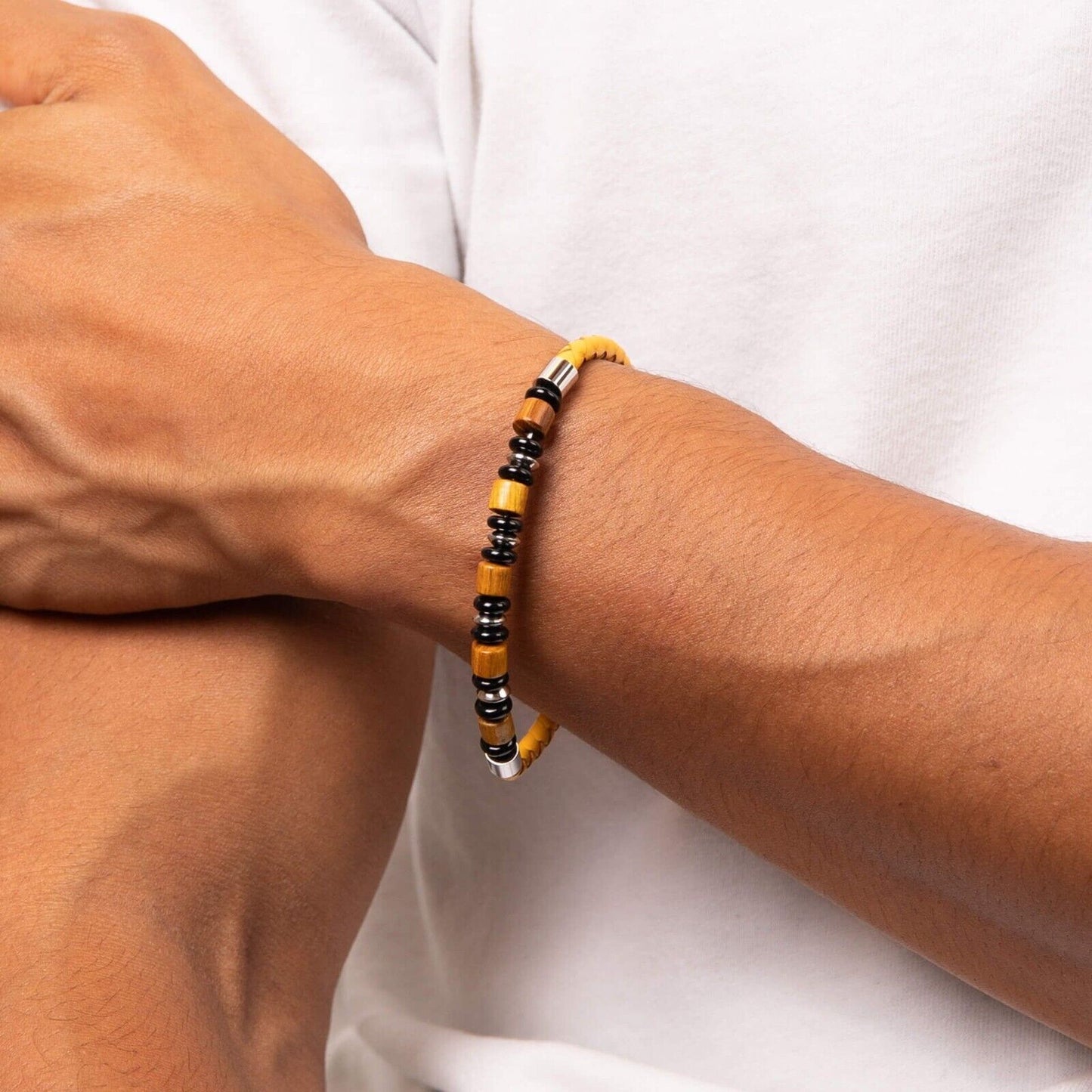 Fred Bennett Mustard Yellow Leather Bracelet with Wood and Black Onyx Beads 23cm