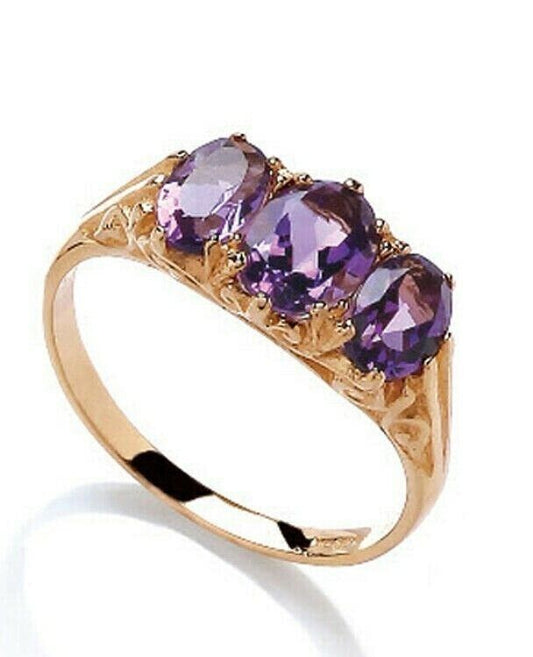 9ct Yellow Gold Amethyst Ring Three Stone Trilogy Fully Hallmarked