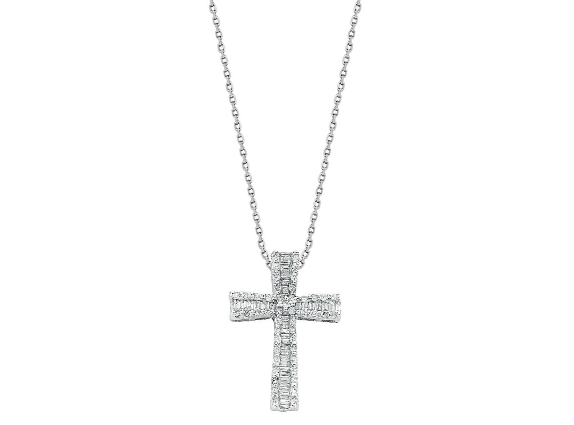 9ct White Gold 0.50ct Brilliant & Baguette Cut Diamond Cross Pendant 18in Chain