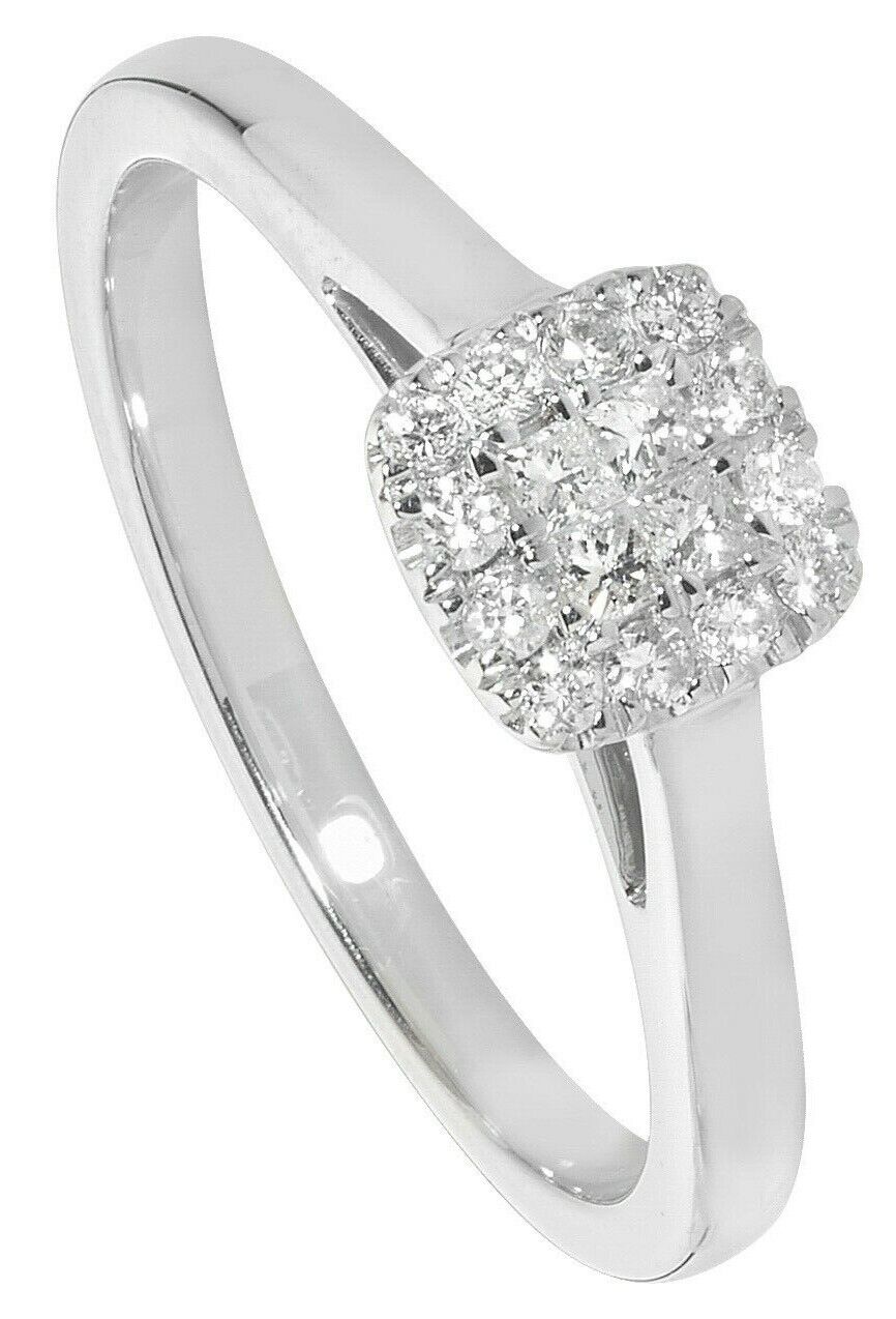 Real Diamond Cluster Ring Princess Cut Centre 9ct White Gold 0.20ctw Size J - Q