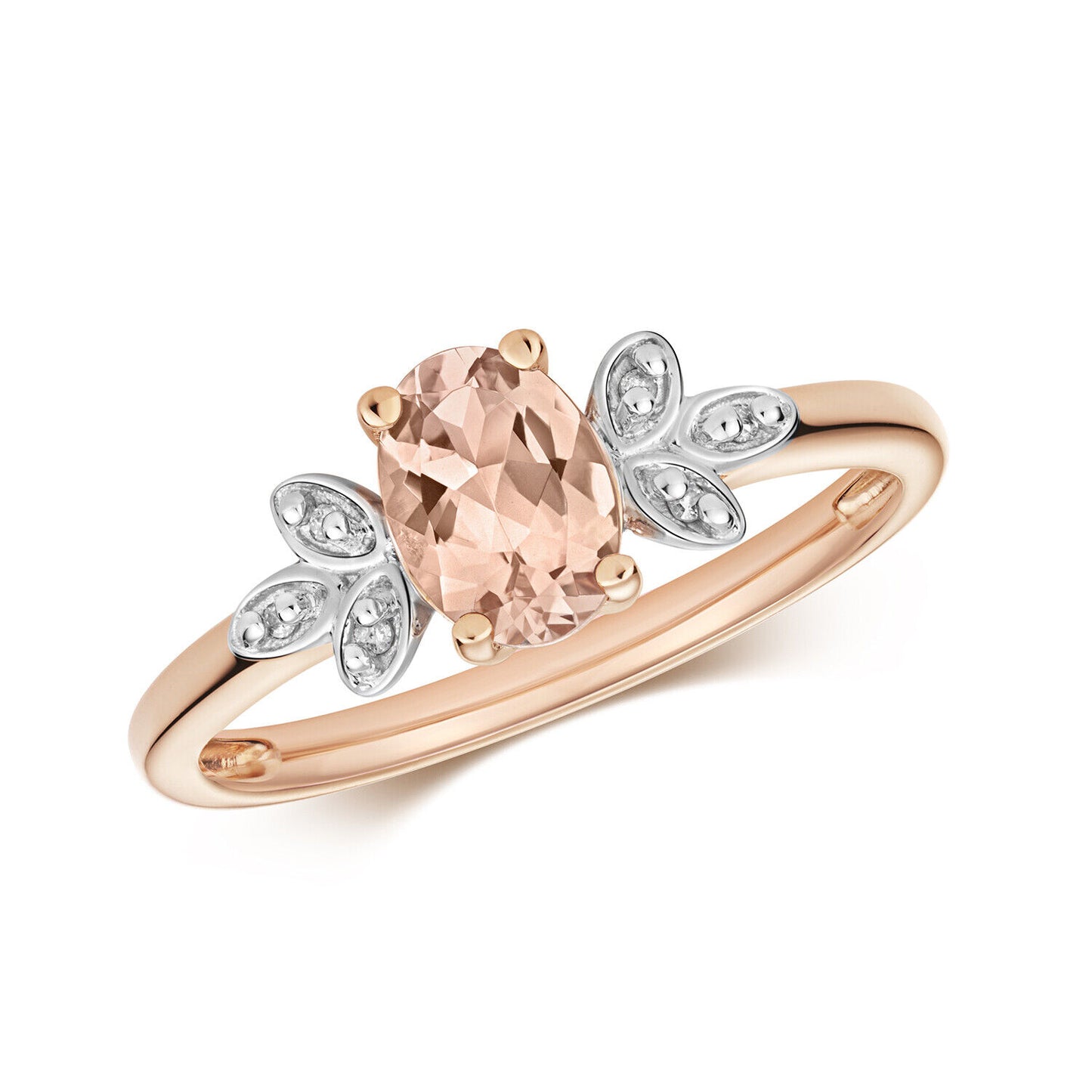 Real Morganite and Diamond Ring Leaf Design Shoulders 9ct Rose Gold Size J - Q