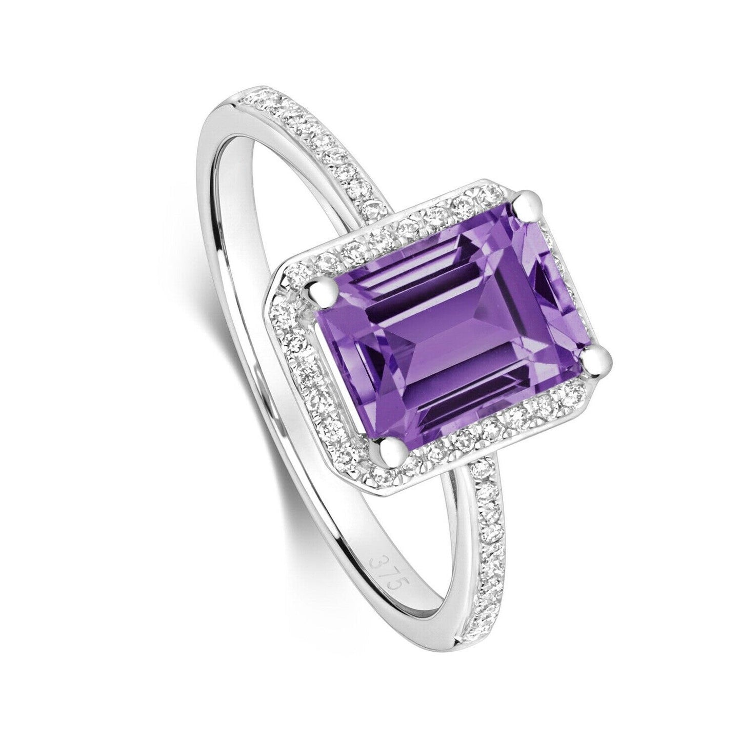 Real Amethyst and Diamond Ring 9ct White Gold Emerald Cut Engagement Size J - Q