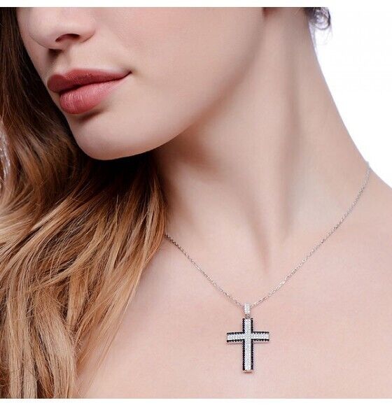 Black Gemstone Pave Cross With Chain Solid Sterling Silver Luxurious Packaging