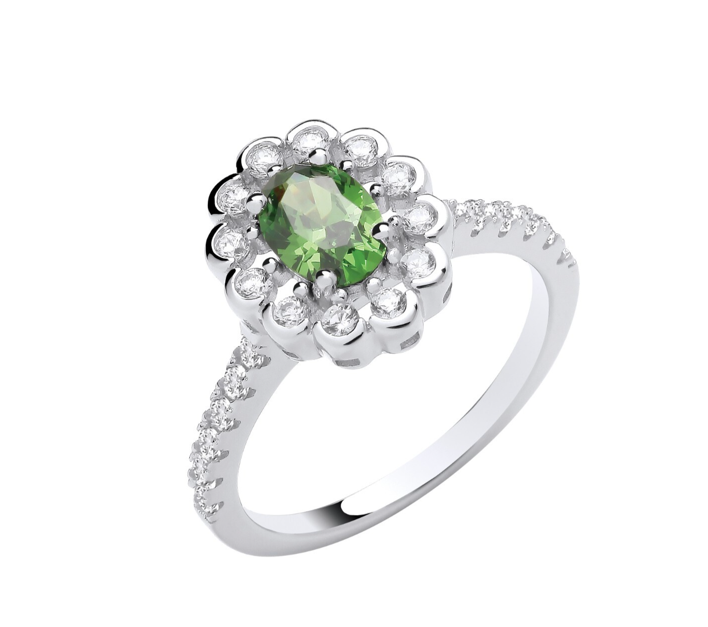 Sterling Silver Green Oval Zircon Halo Ring Size J - Q British Made 925 Hallmark